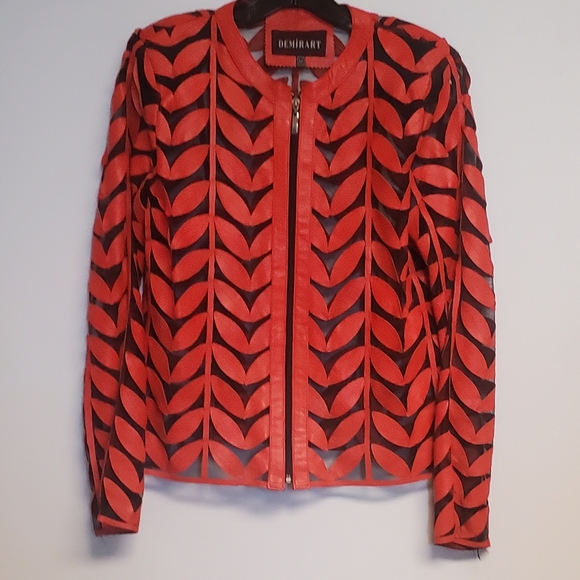 DEMIRART Jackets & Blazers - DEMIRART Red Lamb Leather On Mesh Leaf  Jacket Medium